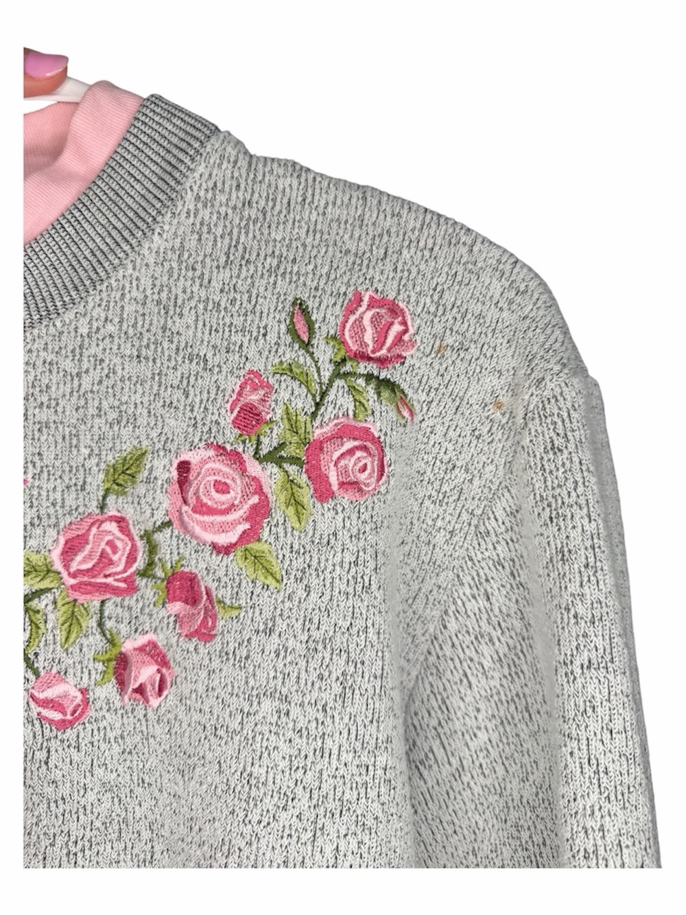 Vintage BonWorth Gray Knit Sweater with Pink Rose Embroidery - Picture 4 of 6